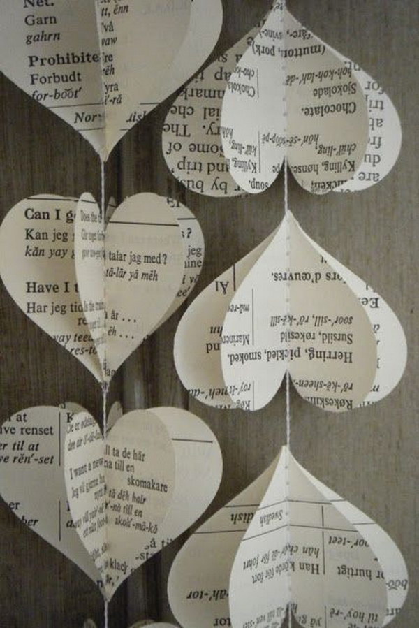 Upcycled Old Book Page Heart Garland 