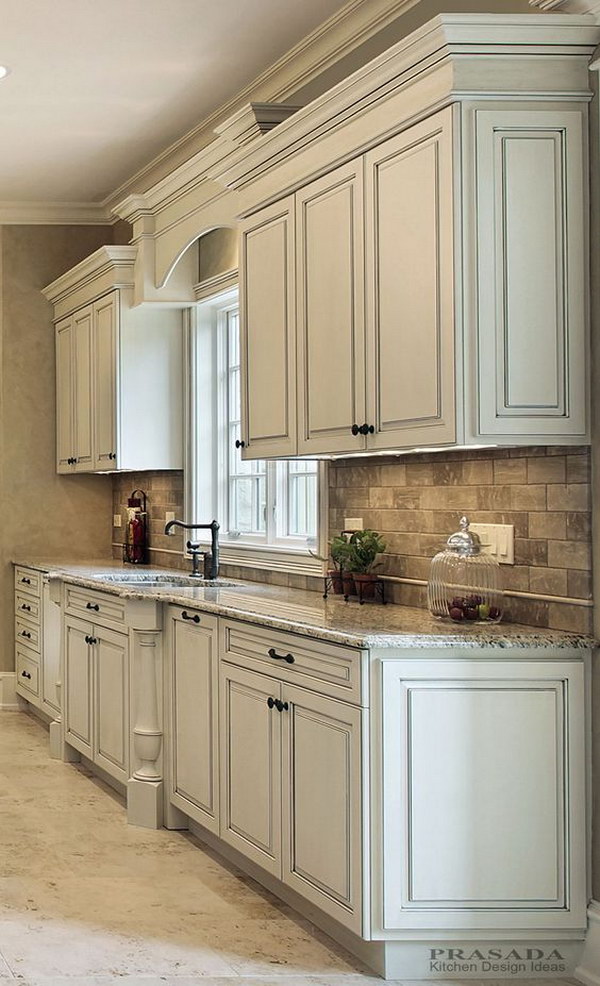 Classic Off White Kitchen With Granite Countertop. 