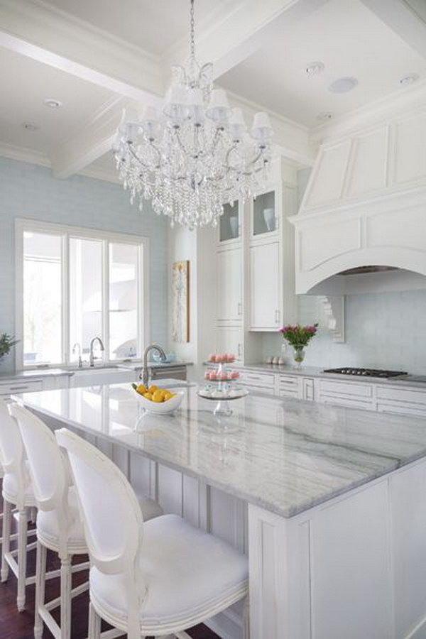 Sea Pearl Quartzite Kitchen Island Countertops With White Cabinets. 