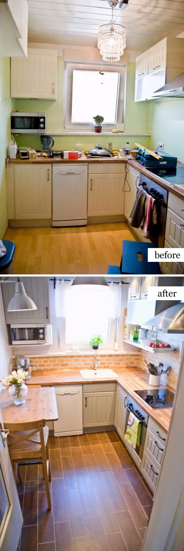 Tiny Kitchen Renovation with Faux Painted Brick Backsplash and Wood Tile Floors. 