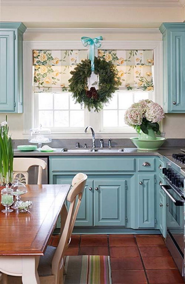 Light Blue Painted Kitchen Cabinets. 