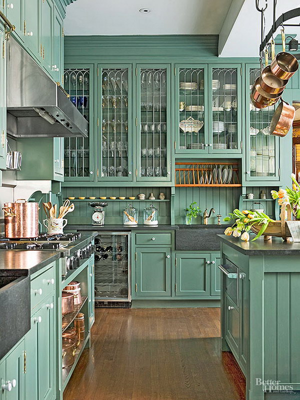 Classic Victorian Green Painted Kitchen Cabinets. 