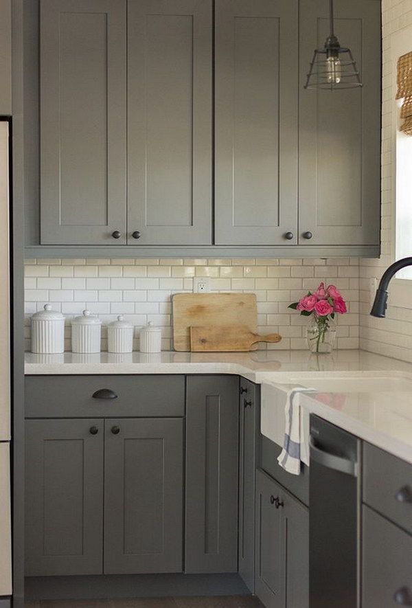 Gray Kitchen Cabinets with White Subway Tile Backsplash. 
