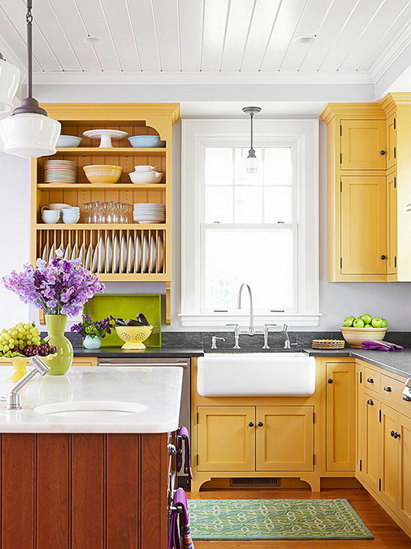 Cherry Yellow Kitchen Cabinets with Open Shelving. 