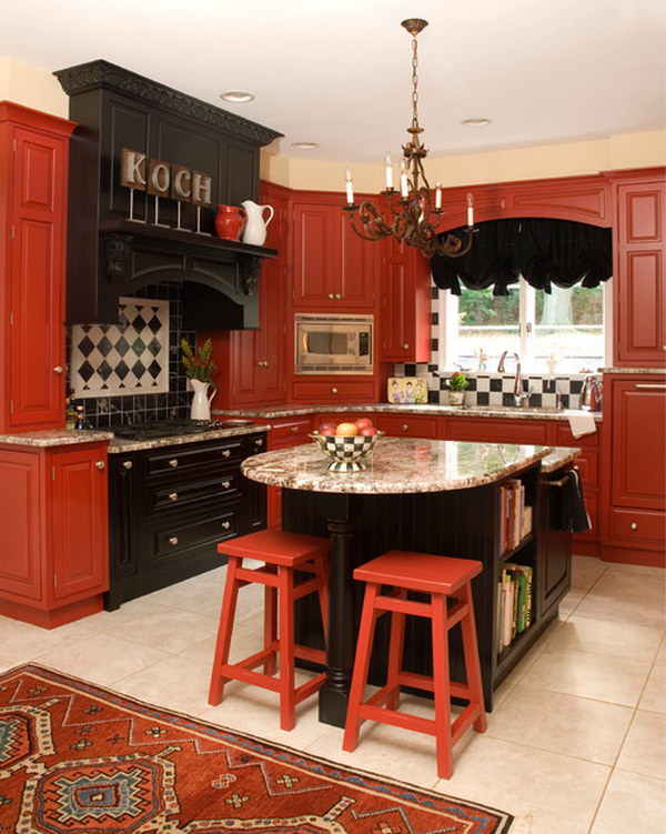 Traditional Kitchen with Red Cabinets, Raised Panel Cabinets. 