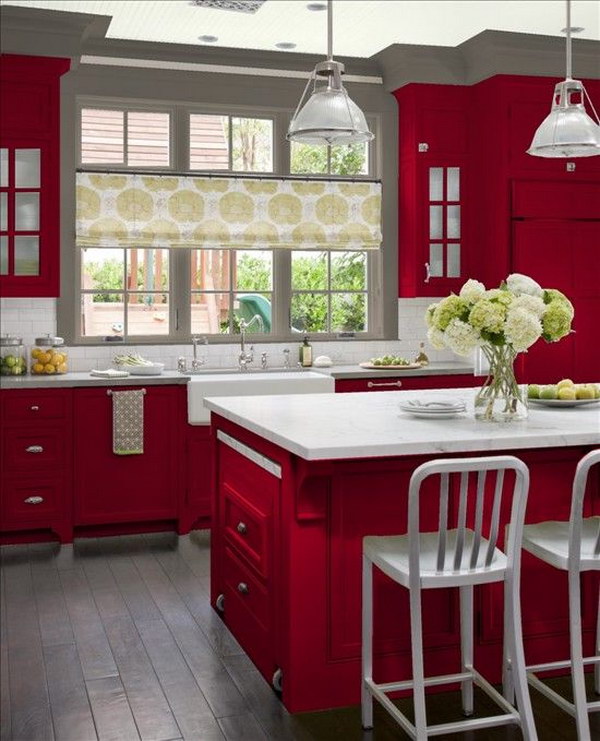 Red Cabinets Paired with White Countertops and Gray Walls. 