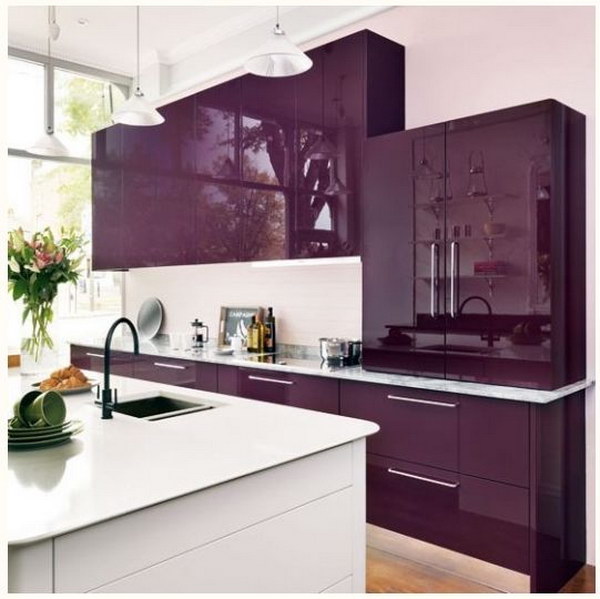 Modern Kitchen with  Royal Purple Cabinets. 