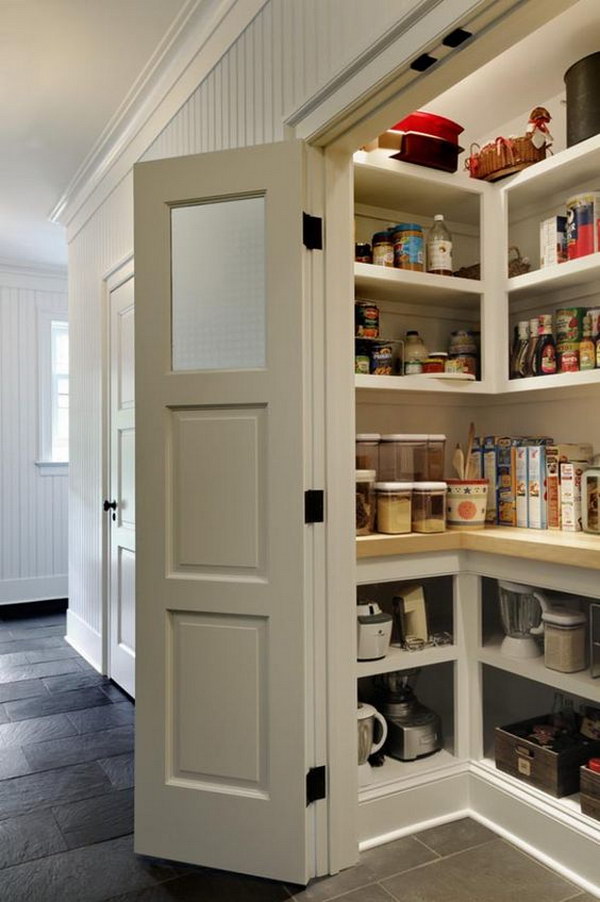 Traditional Kitchen Pantry with White Open Cabinets. 