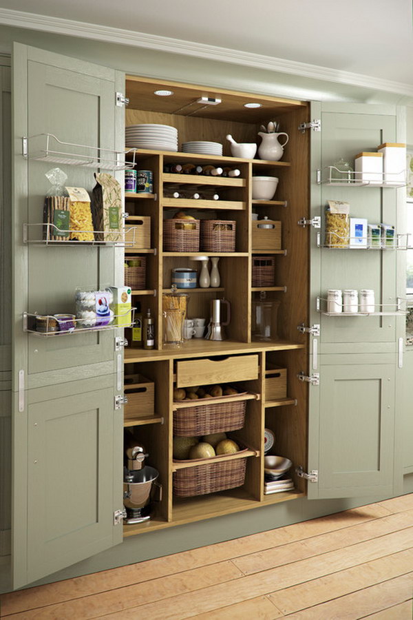 Kitchen Pantry with Green Cabinets and Back of Door Storage. 