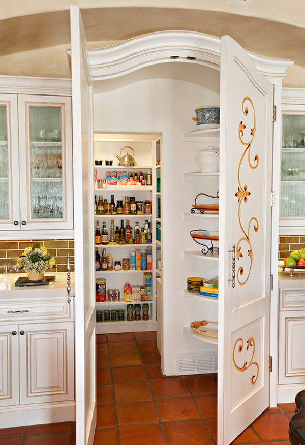 Mediterranean Walk in Kitchen Pantry with Raised panel Cabinets. 