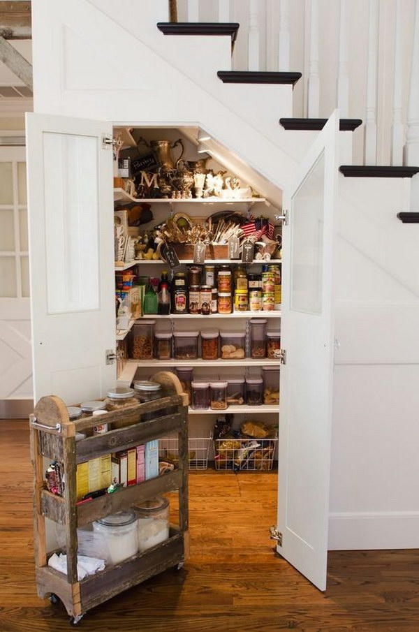 Staircase Walk in Pantry with Custom Made Baking Cart. 