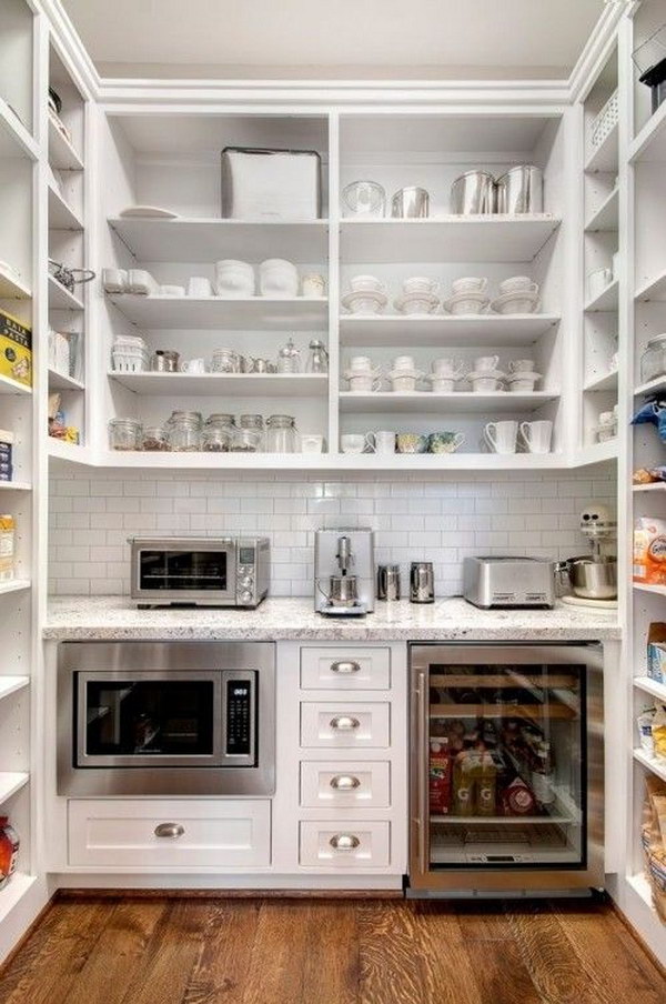 White Kitchen Pantry with Paneled Cabinets. 