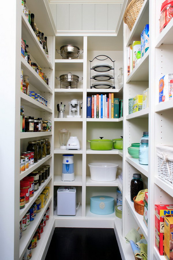 White Kitchen Pantry with Open Cabinets. 