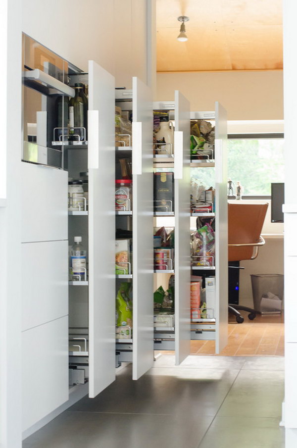 Stylish Kitchen Pantry with a Series of Storage Sliders. 