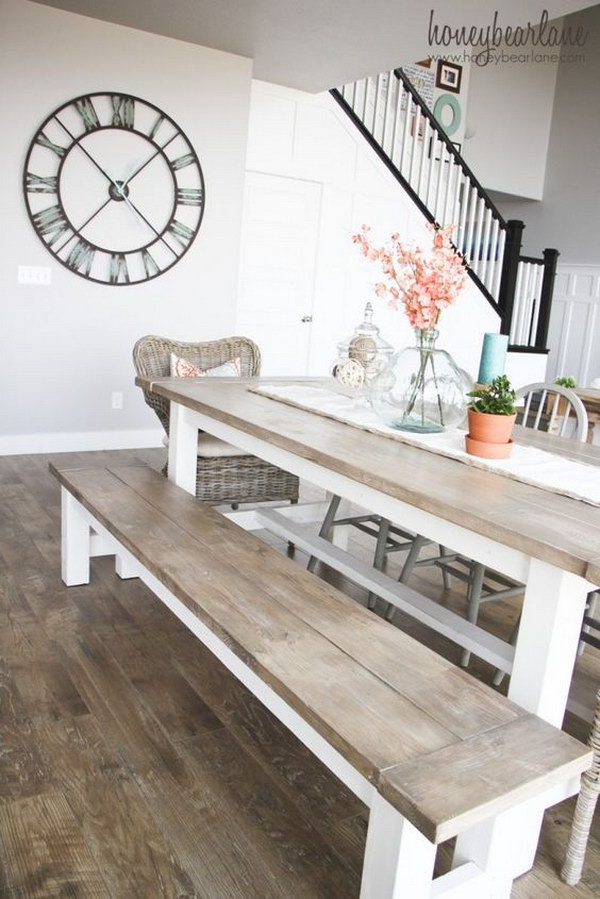 DIY Farmhouse Table and Bench for Living Room. 