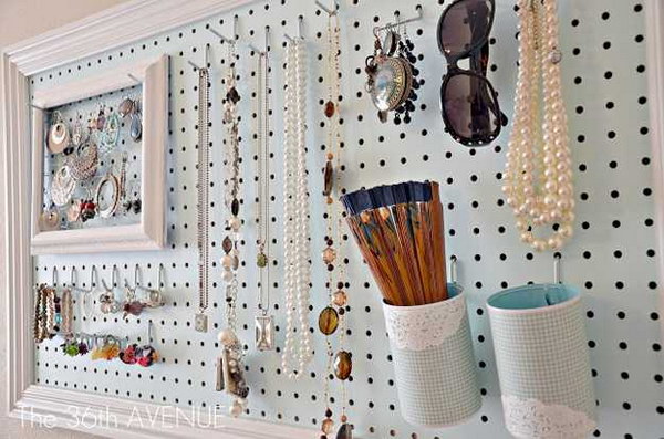Framed Pegboard Wall Organizer Painted Soft Blue 