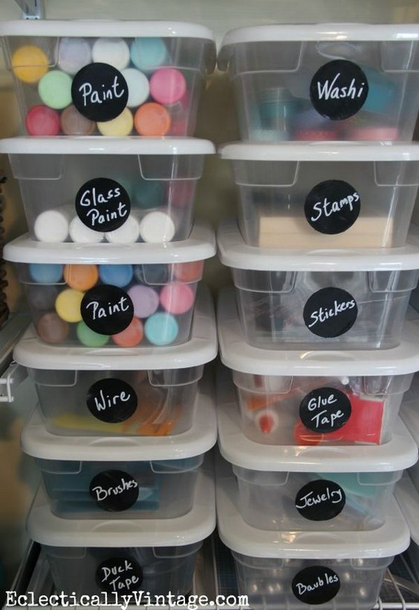 Plastic Bins with Chalkborad Labels. 