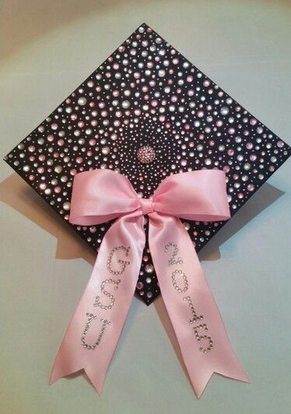 Clear Rhinestone Graduation Cap Design With A Pink Bow 