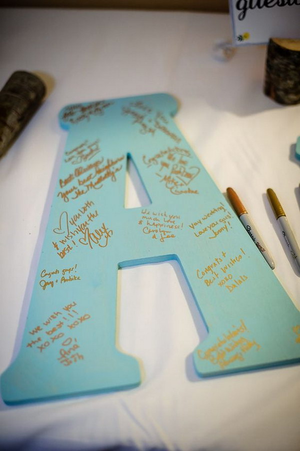 Wrote Wishes On Large Wooden Initials Guest Book Letter. 