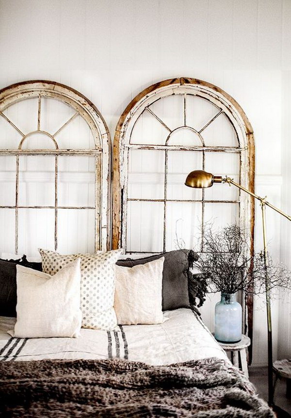Two Antique windows with The Glass Removed as a Headboard. 