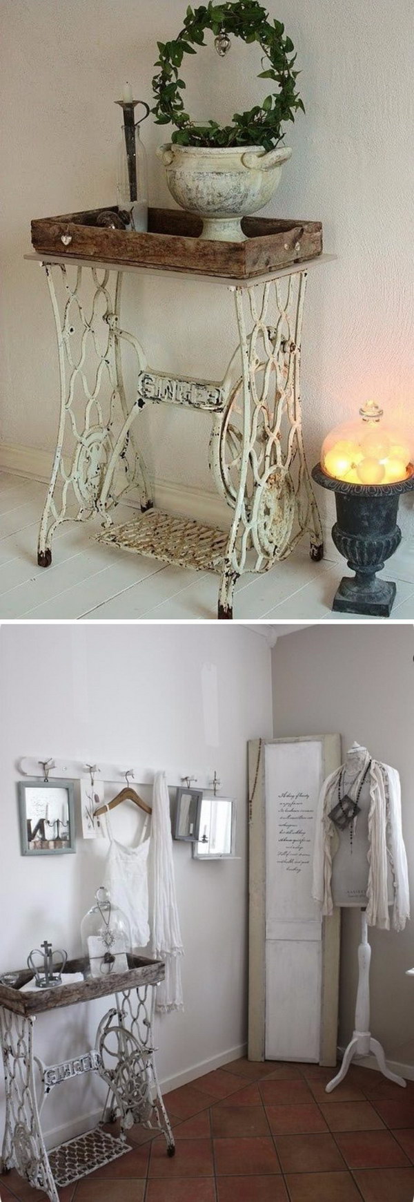Shabby Chic Singer Sewing Machine Table with Antique White Finish. 