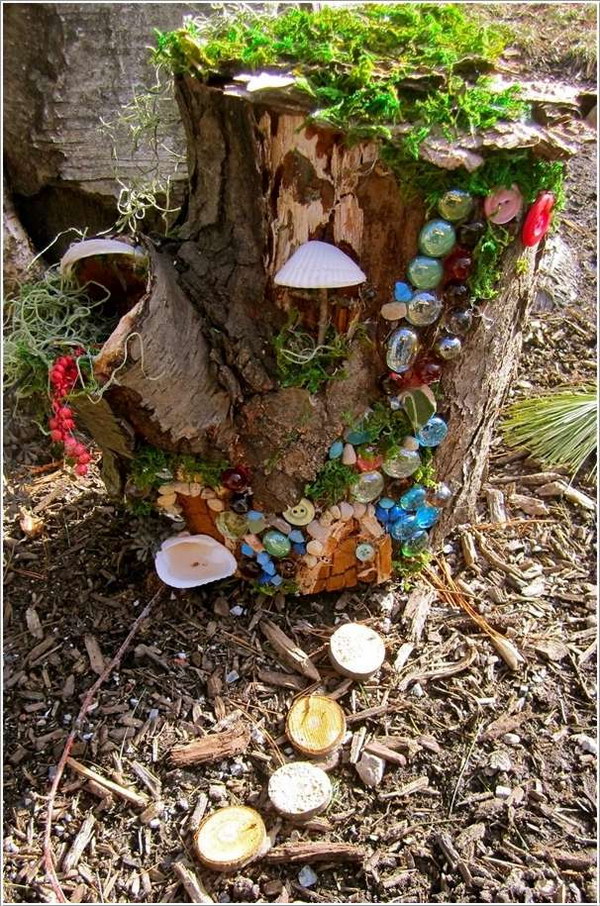 DIY Colorful Tree Stump Fairy Garden With Glass Marbles 