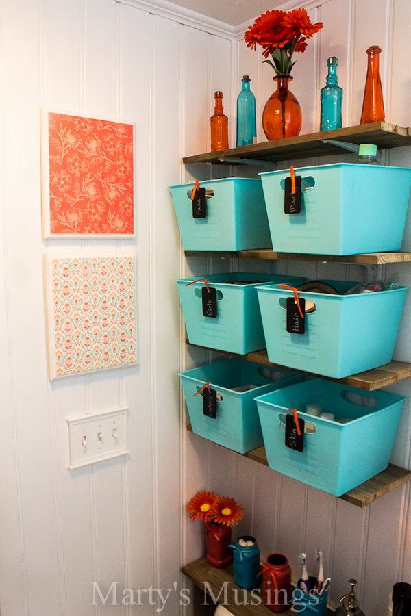 Dollar Store Blue Baskets With Chalkboard Tags. 