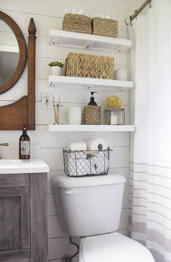 Over The Toilet Open Shelves With Baskets For Storage. 