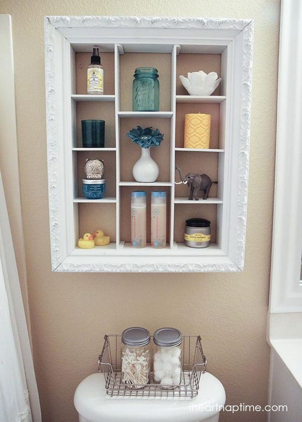 DIY Over The Toilet Storage Unit Repurposed From An Old Picture Frame 