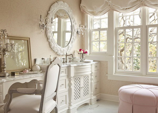 White Shabby Chic Bathroom With Splash Of Pink Color 