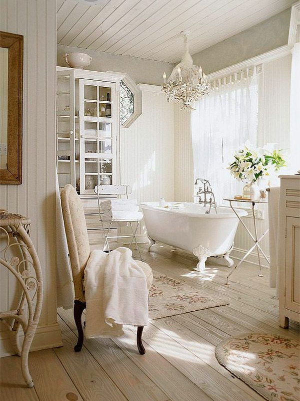 Romantic White Bathroom With Oak Plank Floor 