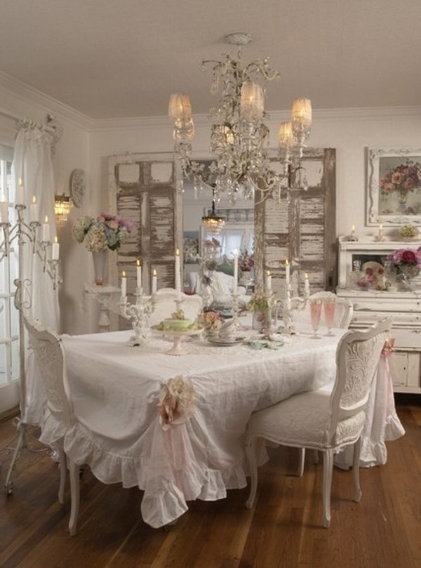 Shabby Chic Fabric Covered Table And Cozy Chandelier. 