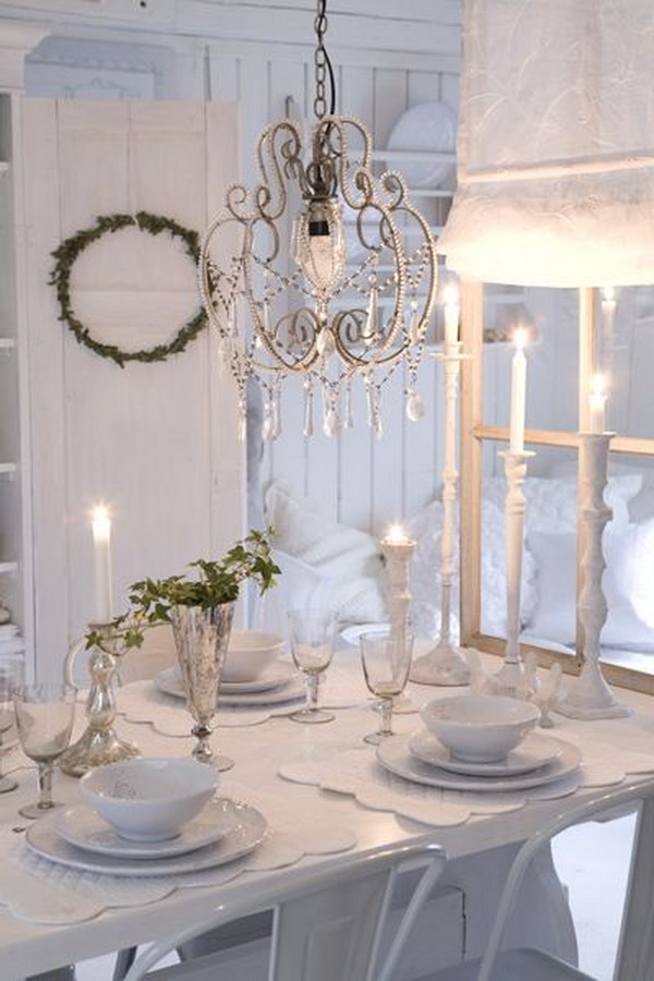 All White Shabby Chic Dining Room with Cute Crystal Chandelier Lighting 
