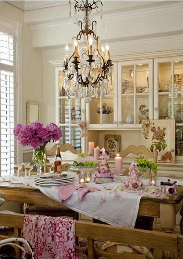 French Chic Dining Room with Gorgeous Rustic Table and Chandelier. 