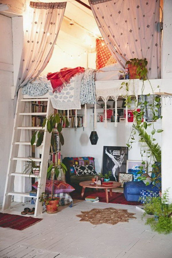 Bohemian Bedroom With Loft Bed For Small Room 
