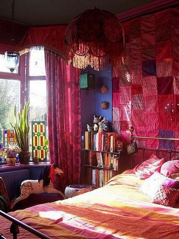 Bohemian Bedroom With Stained Glass And Patchwork Wall Hanging 