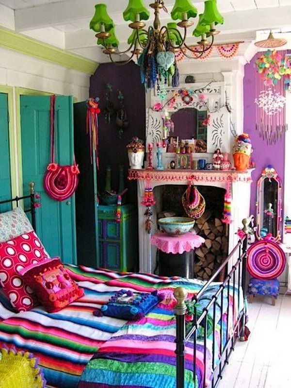 Gypsy Chic Bedroom With So Much Color And Chandeliers 