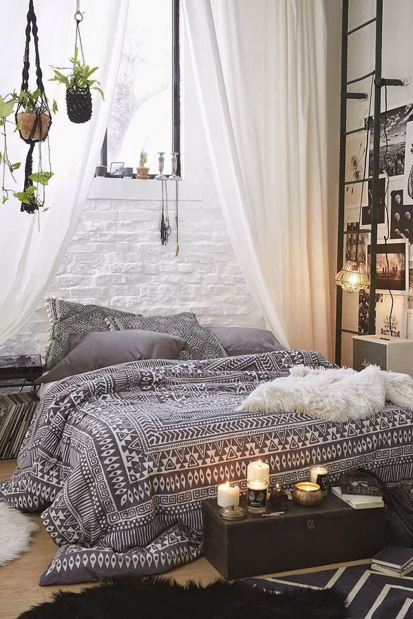 Bohemian Bedroom With Macrame Hanging Plants 