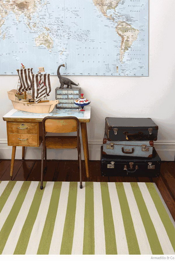 Rustic Kids Desk With Maps And Vintage Suitcases 