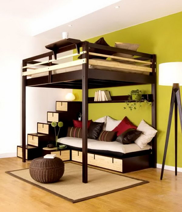 Queen sized bunk bed with couch underneath 