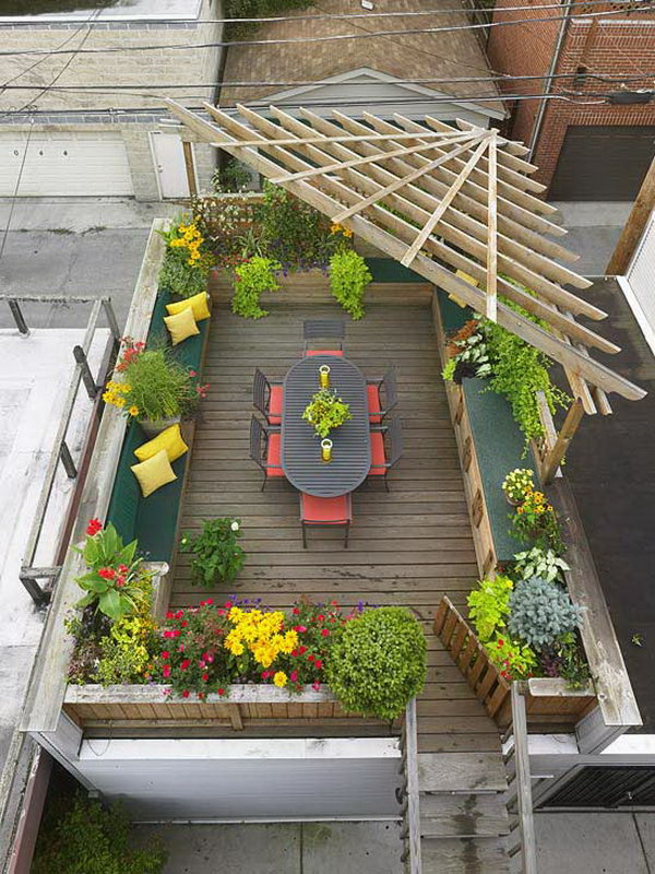 Cool Roof Garden With Partial Pergola 