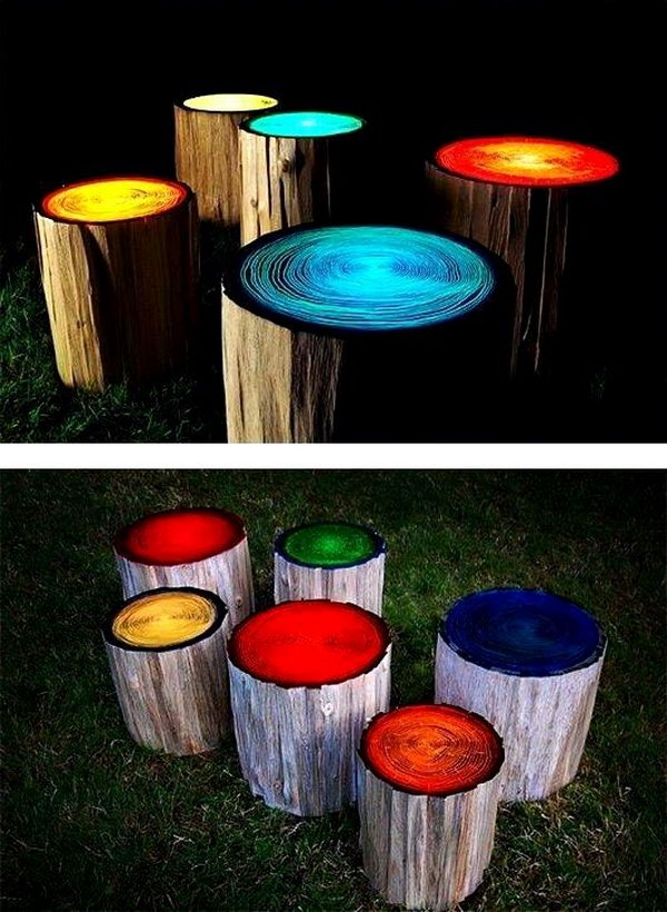 DIY Log Stools  Painted with Glow. 