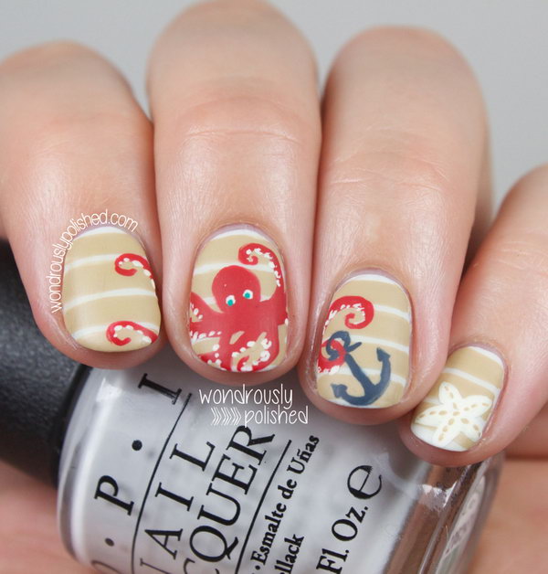 Classic Stripes and Anchor Beach Nails with Octopus. 