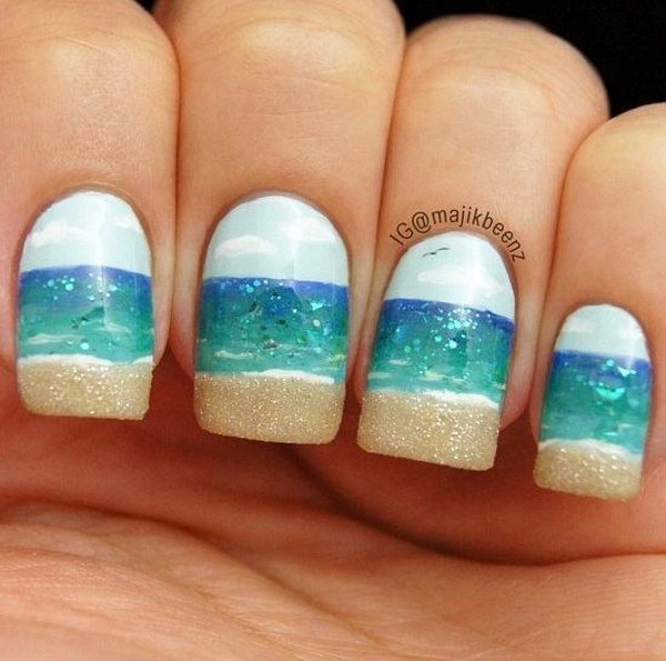 Simple Beach Nail Design with Sky, Ocean and Beach Together. 