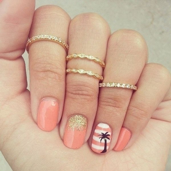Pink and White Striped Beach Nails with Palm Trees. 