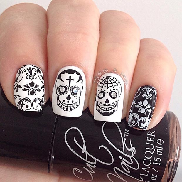 Black and White Stamped Sugar Skull Nails. 