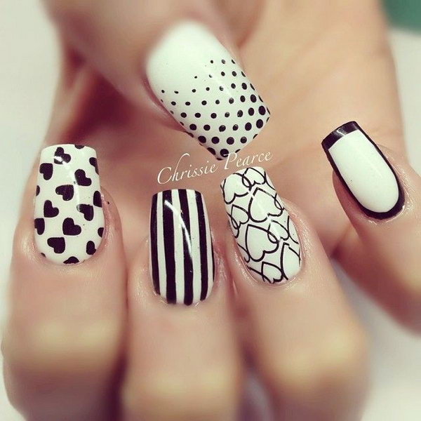 Beautiful Black and White Heart Nails. 