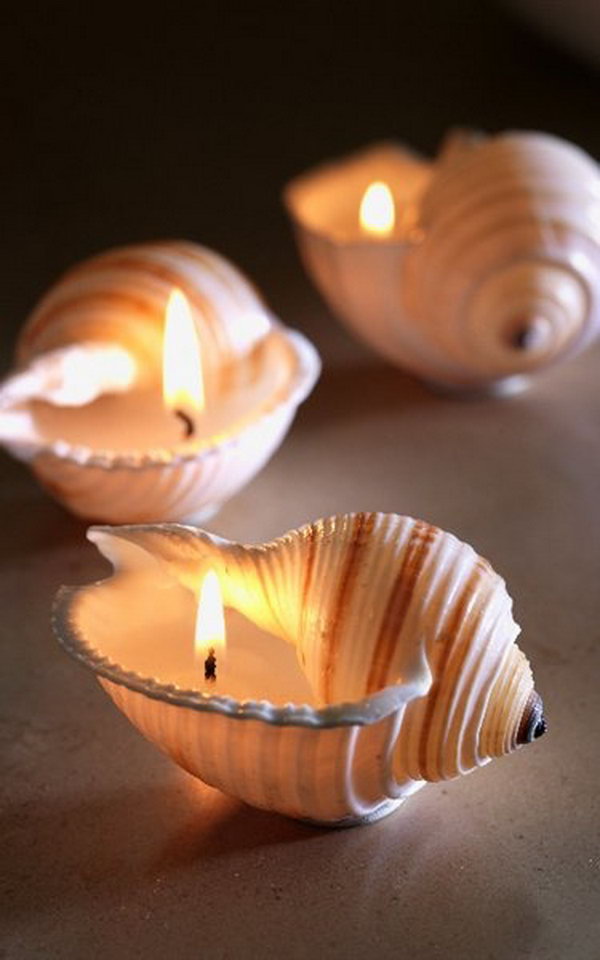 DIY Sea Shell Candles. Add a touch of elegance into a space with these beautiful sea shell candles. Pratic and smart DIY ideas anyone can do in budget. Tutorial via 