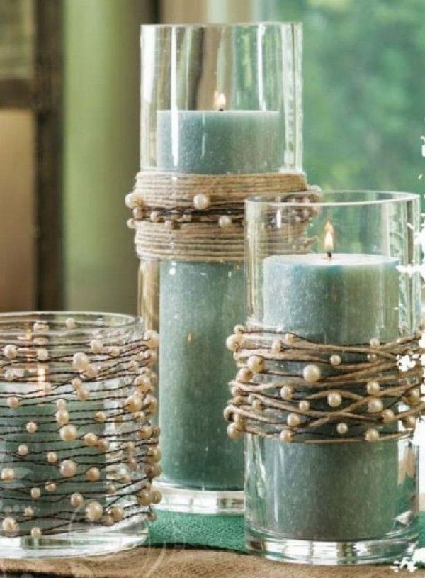Candle Holders Decorated with String Pearls. Check out the tutorial 