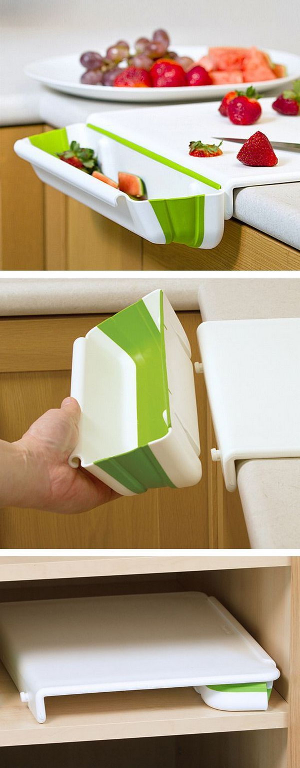 Cutting Board with a Collapsible Bin on the Side to Catch the Scraps. 